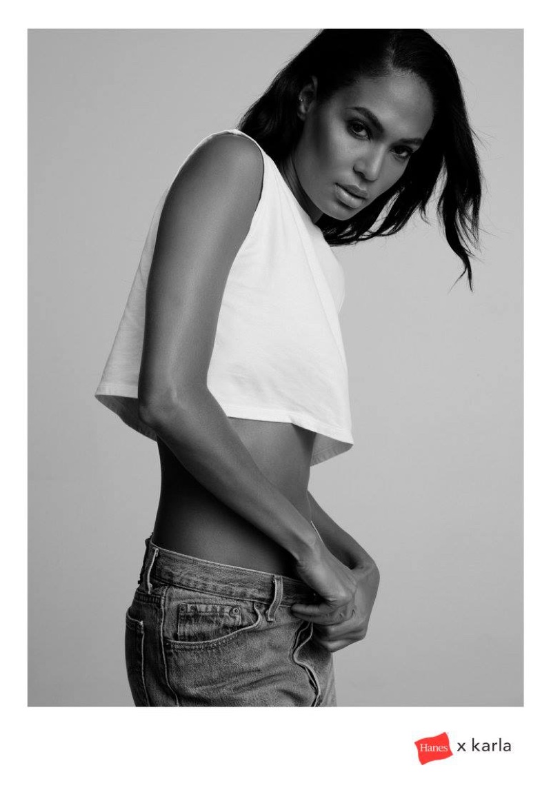 Photographed in black and white, Joan Smalls fronts Hanes x karla campaign