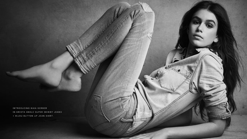 Photographed in black and white, Kaia Gerber fronts Hudson Jeans' fall-winter 2017 campaign