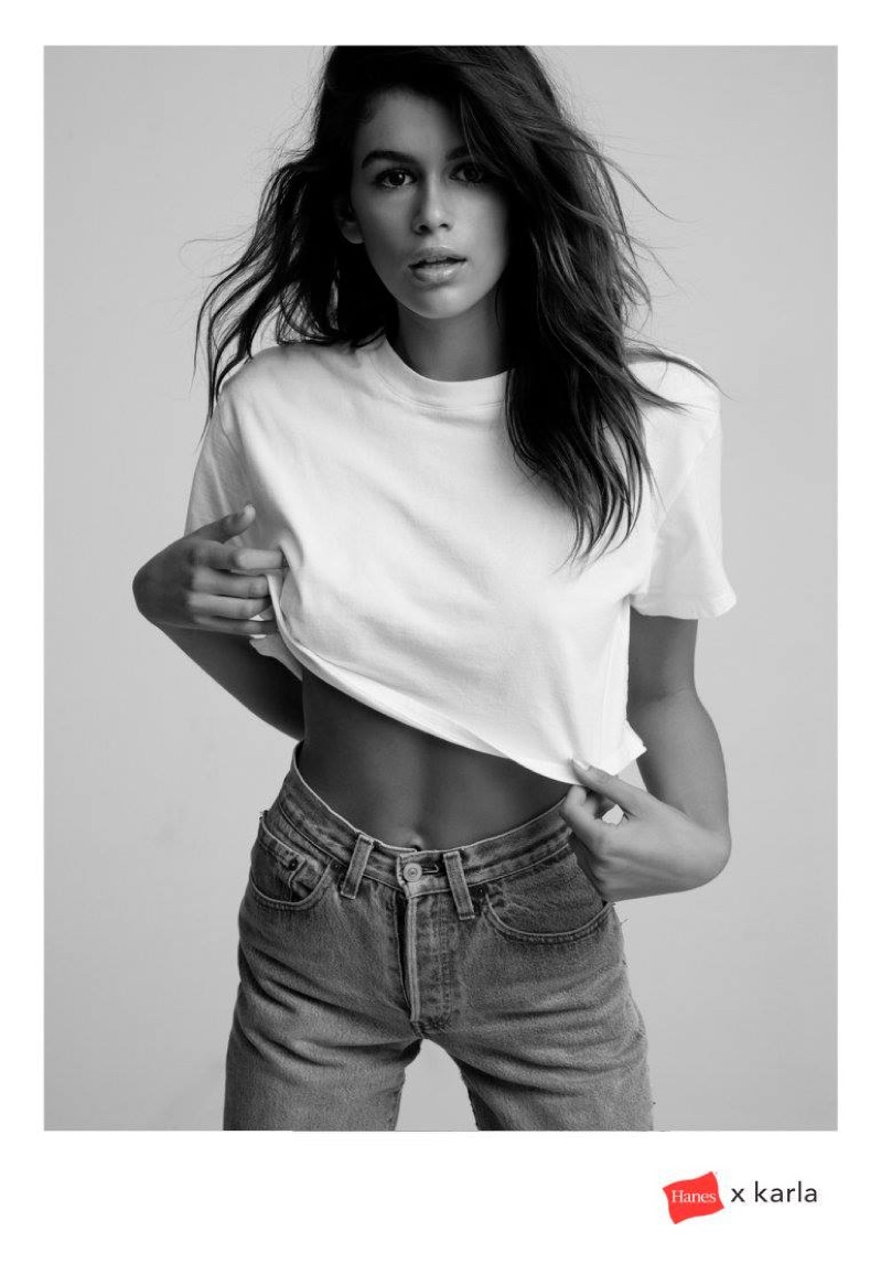 Photographed in black and white, Kaia Gerber fronts Hanes x karla campaign