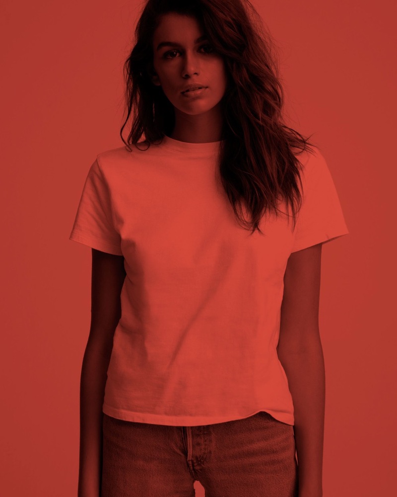 Kaia Gerber sports a white tee in Hanes x karla campaign