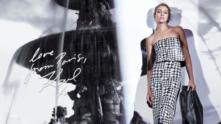 Stella Maxwell poses in houndstooth print dress for Karl Lagerfeld’s fall-winter 2017 campaign