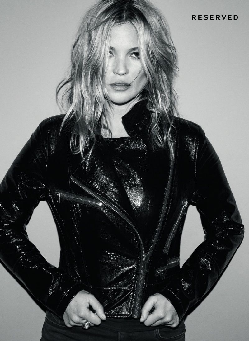 Kate Moss poses in a leather moto jacket for Reserved's fall-winter 2017 campaign