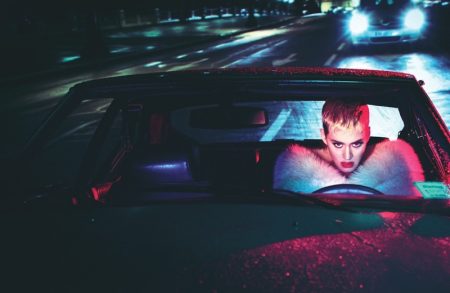 Katy Perry Goes Dark in the Fall Collections for W Magazine Posing in a car, Katy Perry wears Miu Miu stole