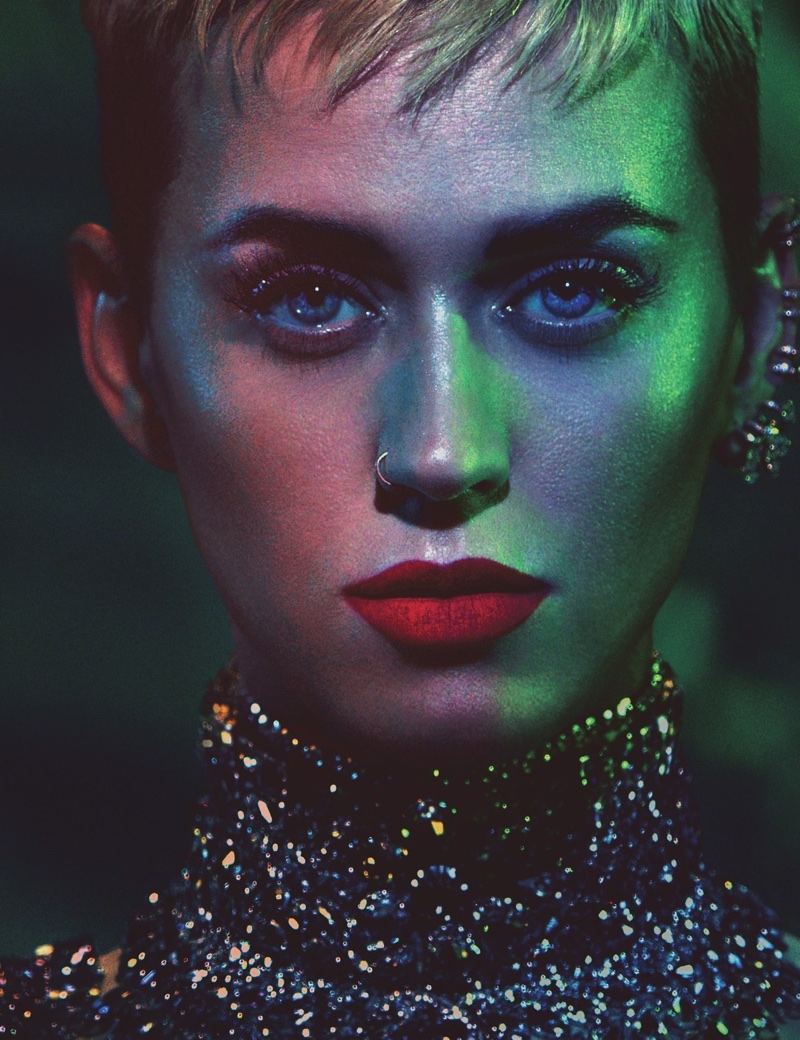 Singer Katy Perry gets her closeup in a Miu Miu dress and Repossi ear cuff
