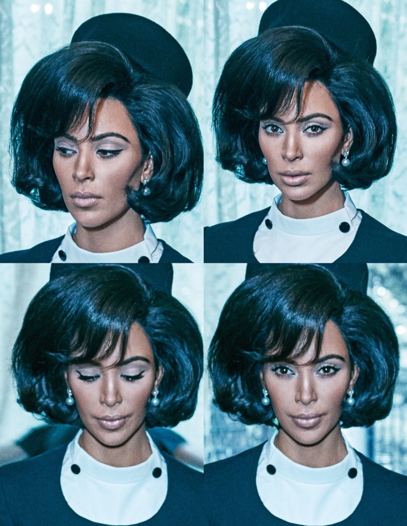 Wearing a bouffant hairstyle, Kim Kardashian wears a 60's inspired look