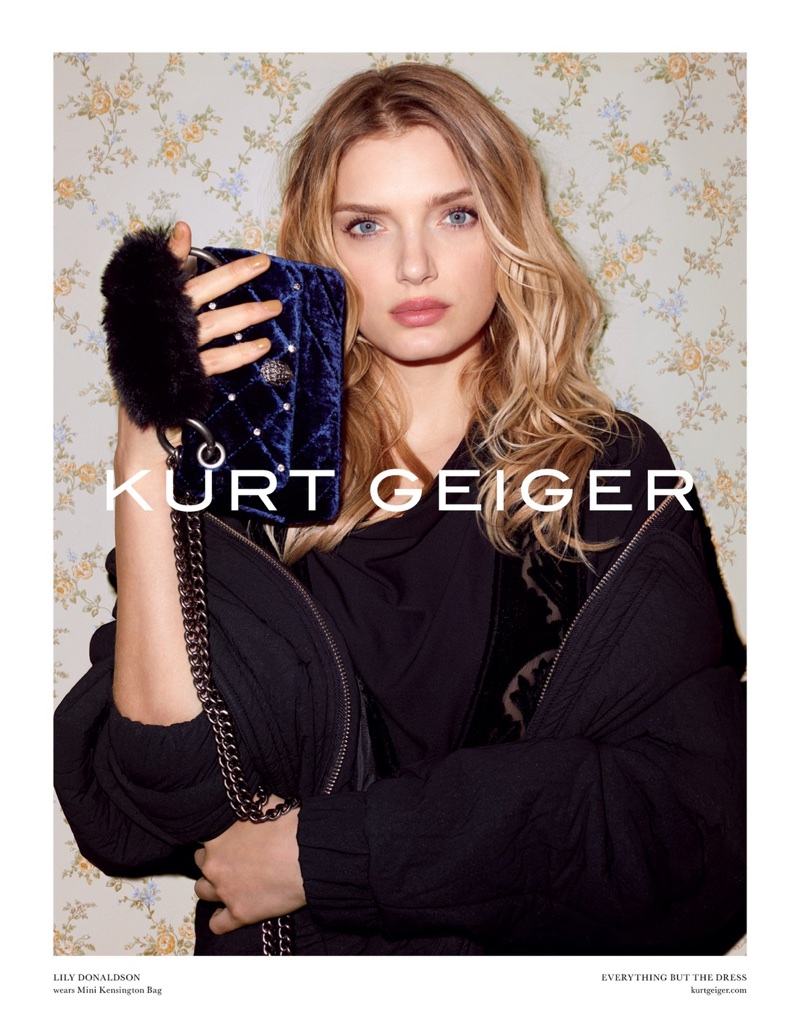 Lily Donaldson poses with velvet clutch in Kurt Geiger's fall-winter 2017 campaign