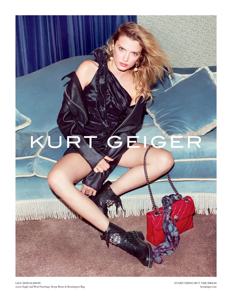 Lily Donaldson sports leather booties and quilted handbag in Kurt Geiger’s fall-winter 2017 campaign