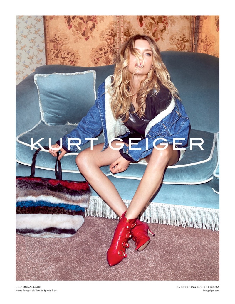 Lily Donaldson models red booties in Kurt Geiger’s fall-winter 2017 campaign