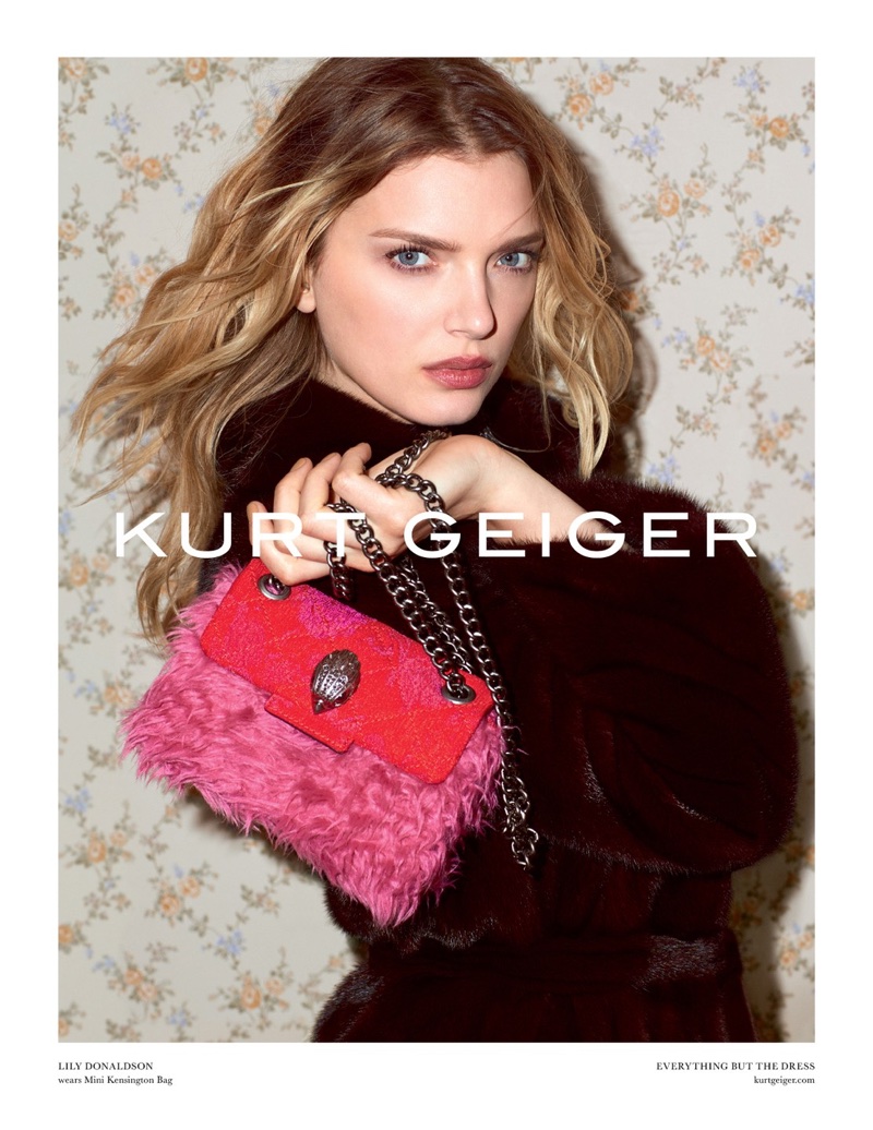 Lily Donaldson models furry pink handbag in Kurt Geiger's fall-winter 2017 campaign