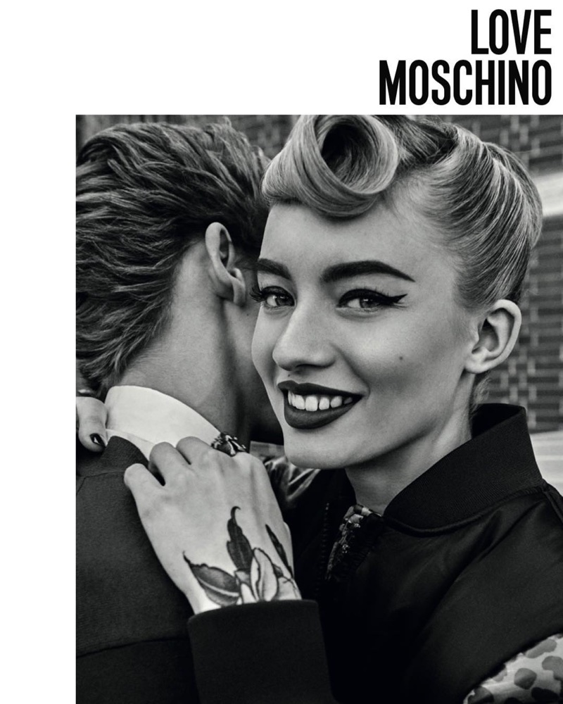 Giulia Maenza wears victory rolls in Love Moschino's fall-winter 2017 campaign