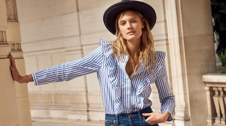 Madewell Striped Ruffle-Front Blouse and The High-Rise Slim Boyjean