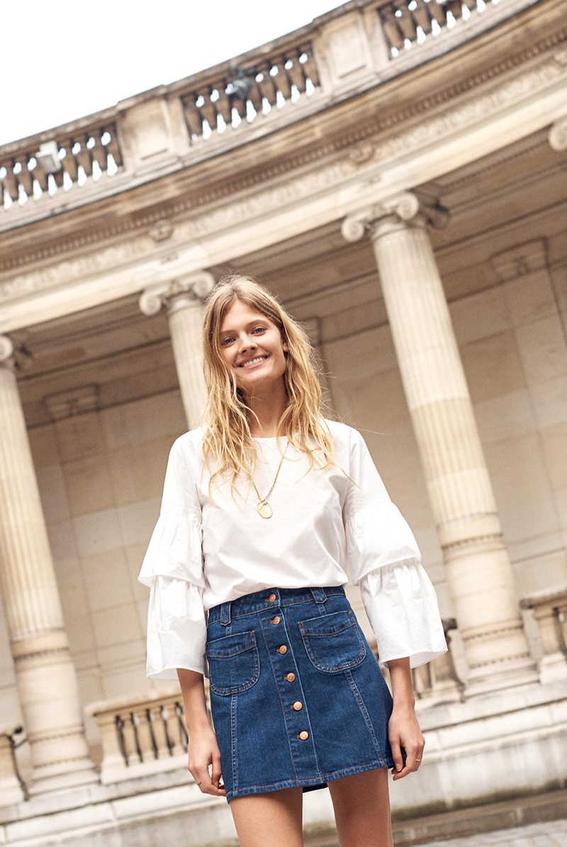 Madewell Tiered-Sleeve Top and Patch-Pocket Jean Skirt