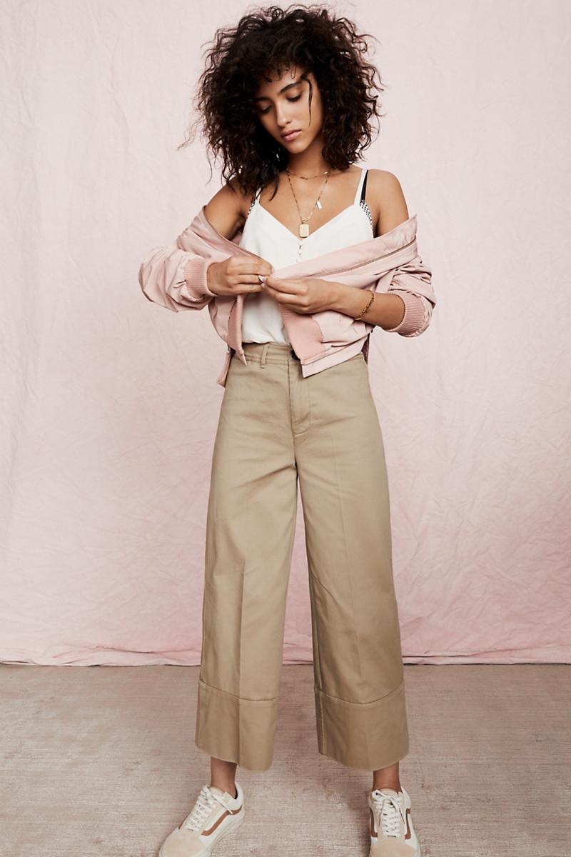 Madewell Side-Zip Bomber Jacket, Silk Button-Down Cami, Langford Wide-Leg Crop Pants, Treasure Pendant Necklace Set and Madewell x Vans Skool Lace-Up Sneakers