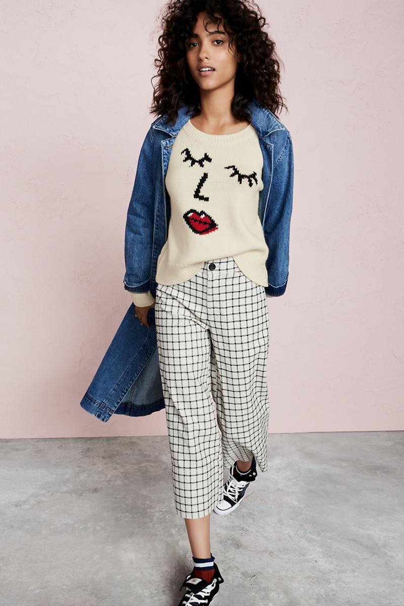 Madewell Denim Duster Coat, Making Faces Pullover Sweater, Langford Wide-Leg Crop Pants in Windowpane and Converse Chuck Taylor All Star High-Top Sneakers in Velvet