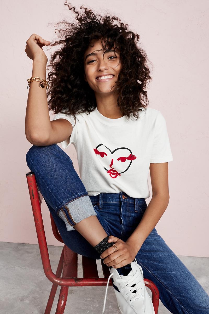 Madewell Heart Face Tee, The High-Rise Slim Boyjean and Tretorn Nylite Plus Sneakers in Leather and Velvet