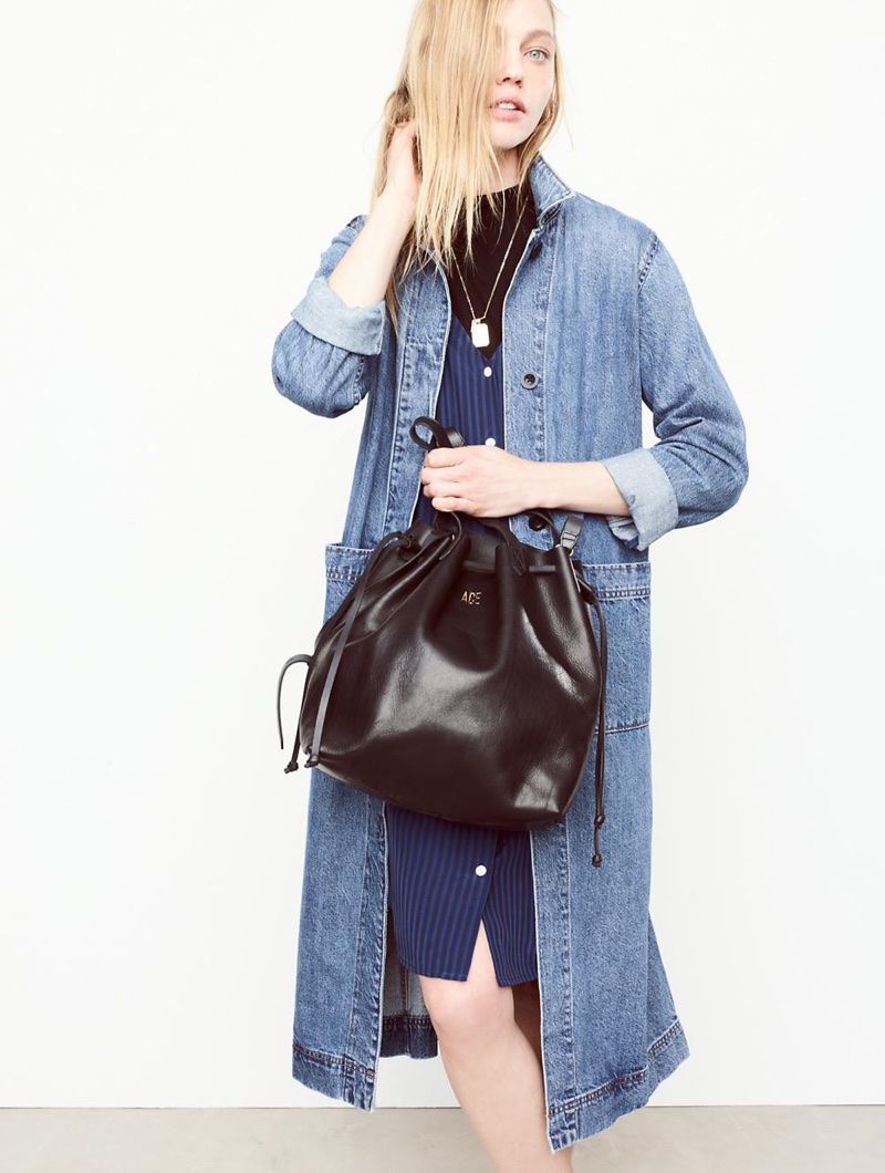 Madewell Denim Duster Coat, Autumn Dress in Stripe, Mockneck Tee, Treasure Pendant Necklace Set and The Medium Drawstring Transport Tote