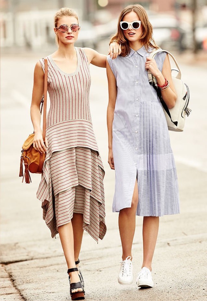 (Left) Opening Ceremony Sleeveless Tiered Striped Jersey Dress (Right) Public School Emerson Sleeveless Pleated Striped Shirtdress