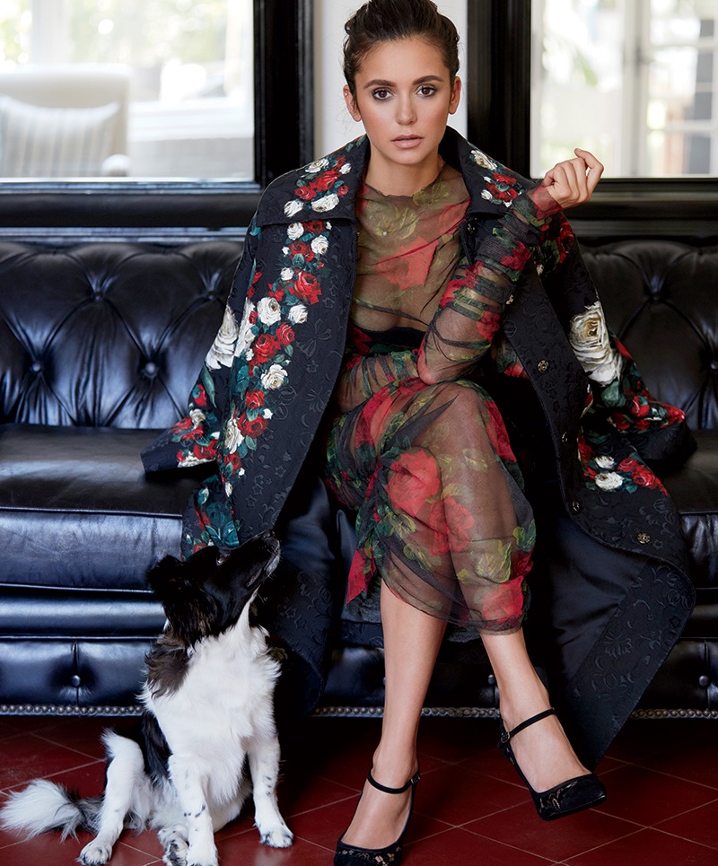  Striking a pose, Nina Dobrev wears Dolce & Gabbana dress, coat and heels