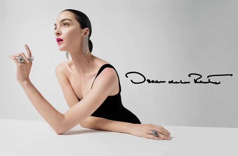 Mariacarla Boscono poses in black dress and sparkling jewelry in Oscar de la Renta's fall-winter 2017 campaign