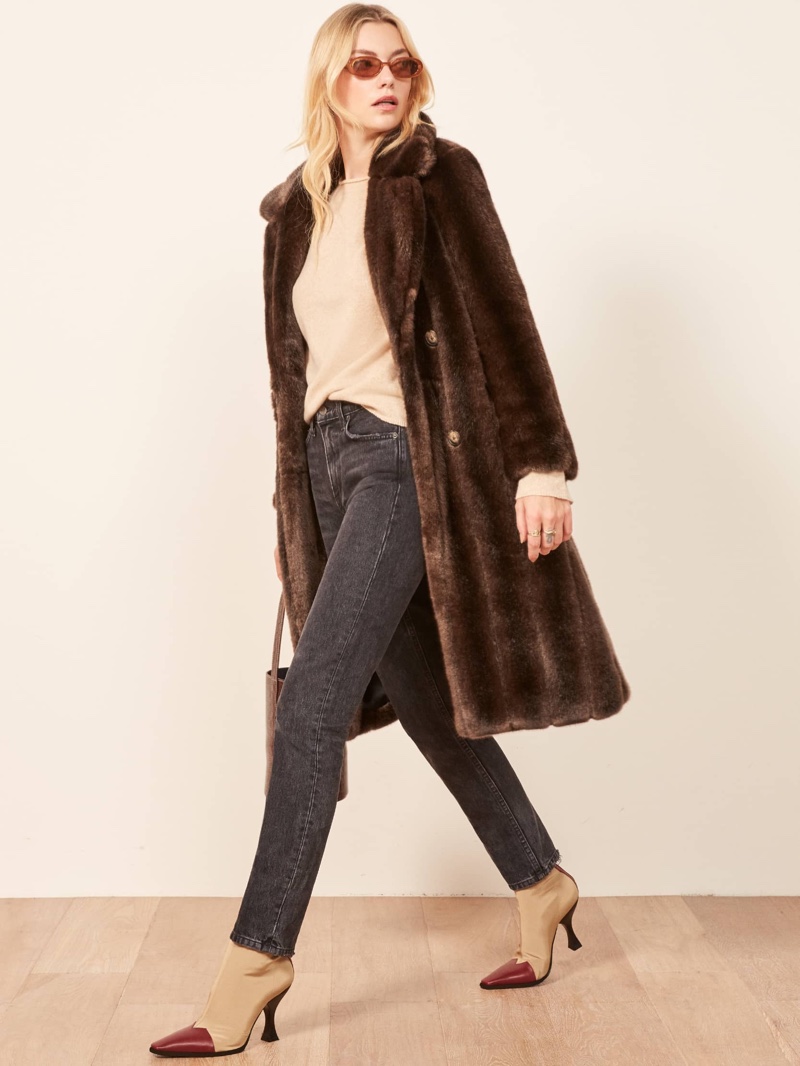 Reformation Hank Faux Fur Coat in Brown $348