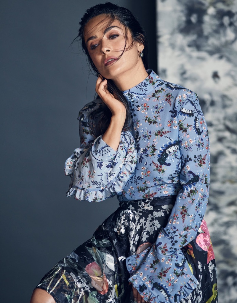 Mixing prints, Salma Hayek poses in Erdem blouse and Preen by Thornton Bregazzi skirt