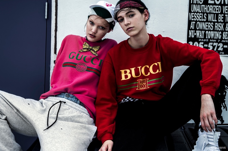 (Left) Tee (worn underneath) Zara, Sweatshirt Gucci, Denim Shorts BDG, Sweats Adidas, Hat Urban Outfitters, Bandana stylist’s own, Slides Givenchy, Socks J. Crew and Jacket ASOS (Right) Sweatshirt ‘Bucci’ BLtee Brian Lichtenberg, Checkered Shorts (worn underneath) Vans at Urban Outfitters, Pants Style Mafia, Denim Vest R13 and Bandana stylist’s own