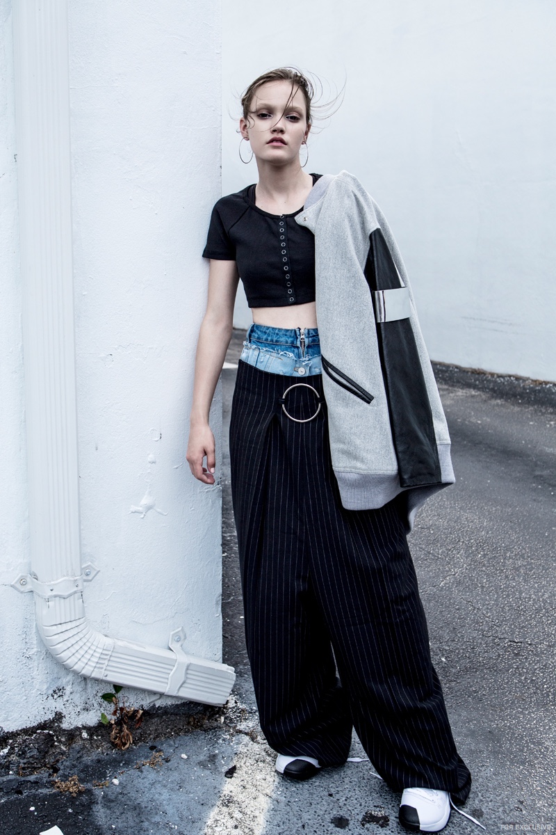 Denim Skirt (worn under pants) Zara, Pants Style Mafia, Top Silence & Noise, Jacket Maison Margiela and Hoops stylist’s own