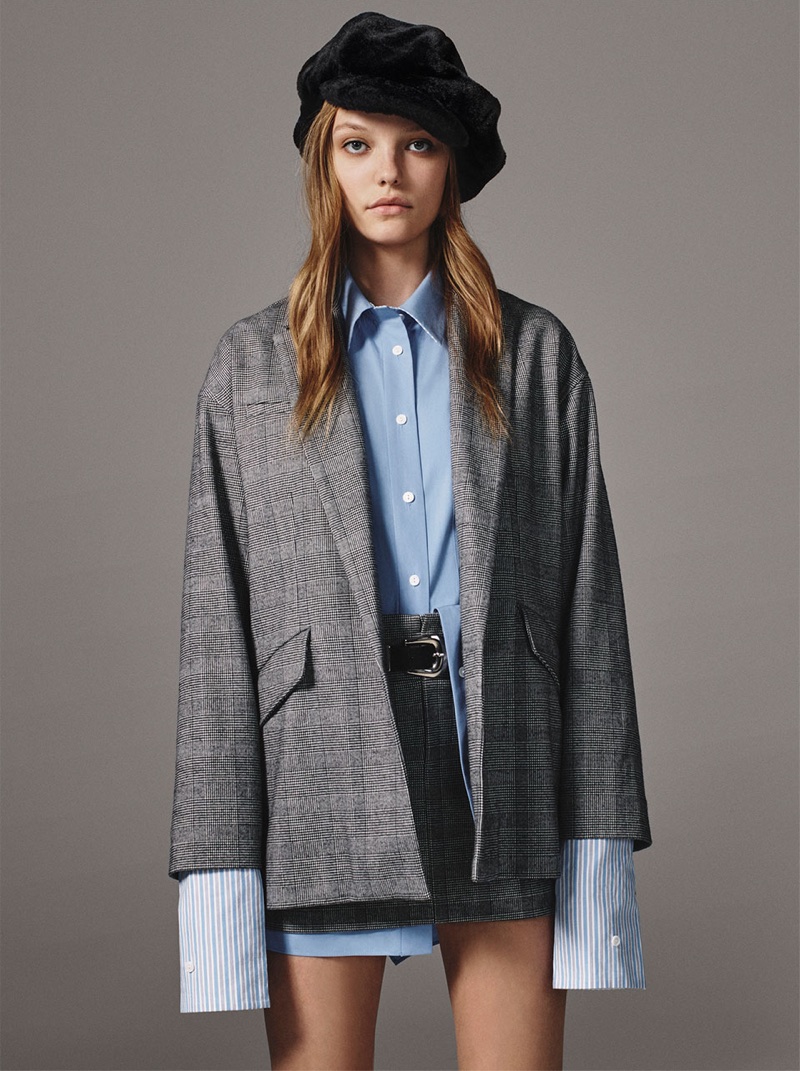 Zara oversized checked blazer, check miniskirt and combined multi-striped shirt