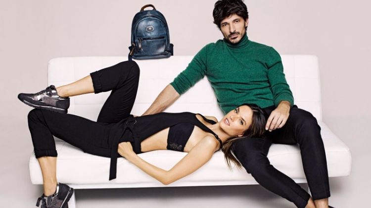Models Alessandra Ambrosio and Andrés Velencoso pose for XTI Shoes' fall-winter 2017 campaign