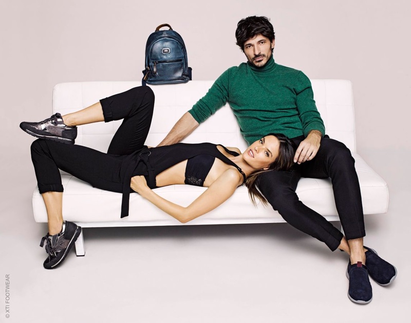 Models Alessandra Ambrosio and Andrés Velencoso pose for XTI Shoes' fall-winter 2017 campaign