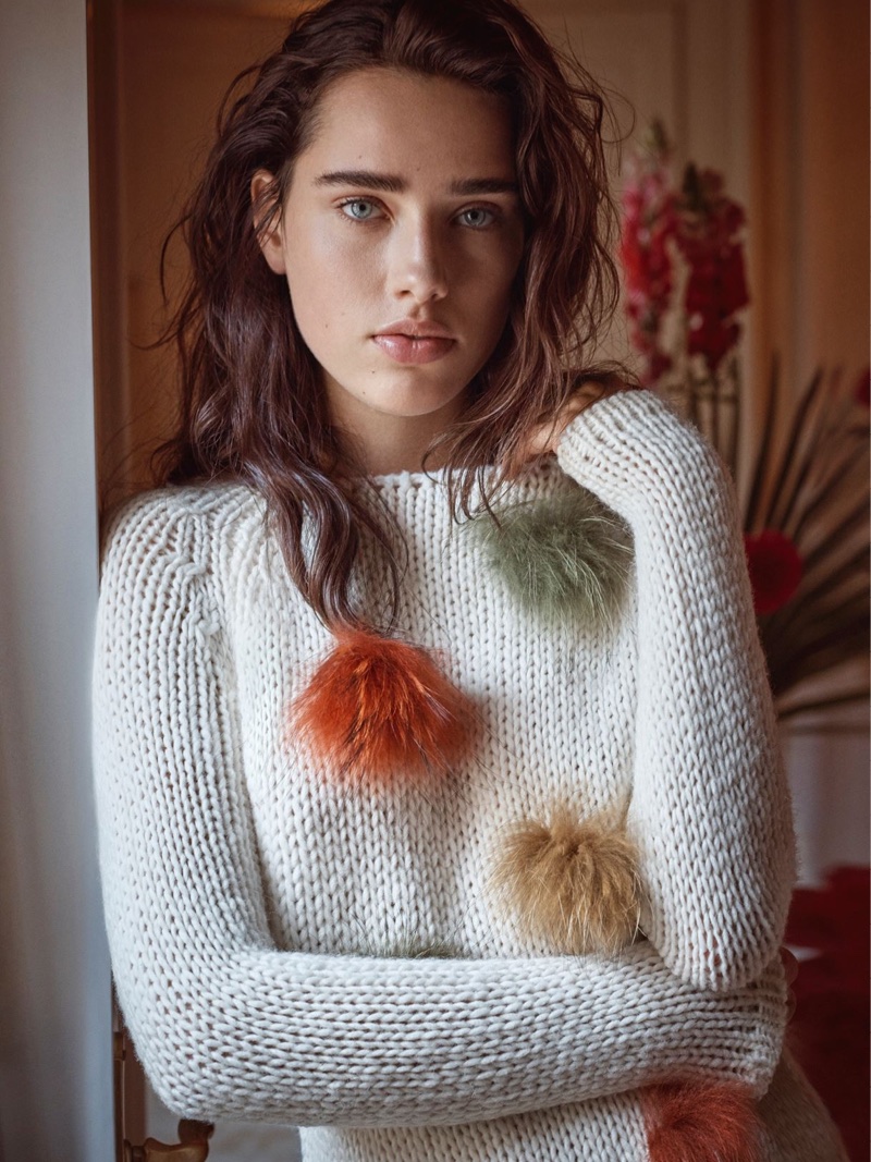 Robin Van Halteren wears fuzzy sweater in Blugirl's fall-winter 2017 campaign
