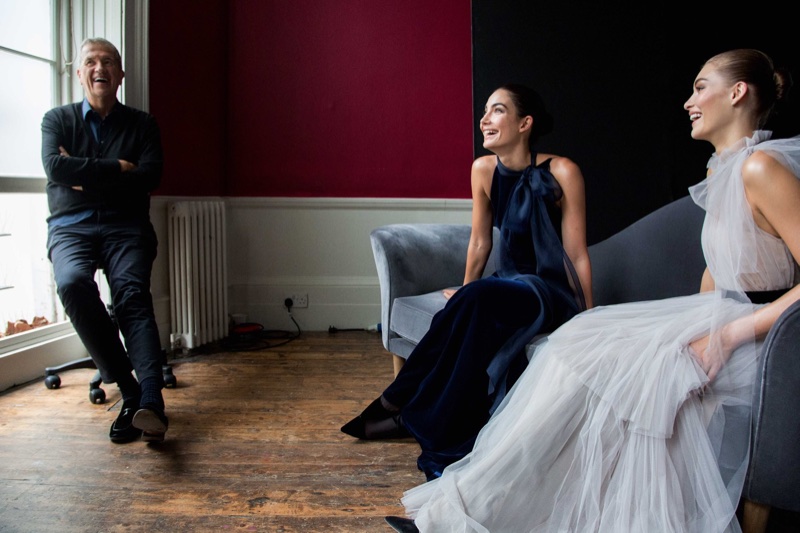 Mario Testino with models Lily Aldridge and Grace Elizabeth at Carolina Herrera's fall 2017 campaign shoot