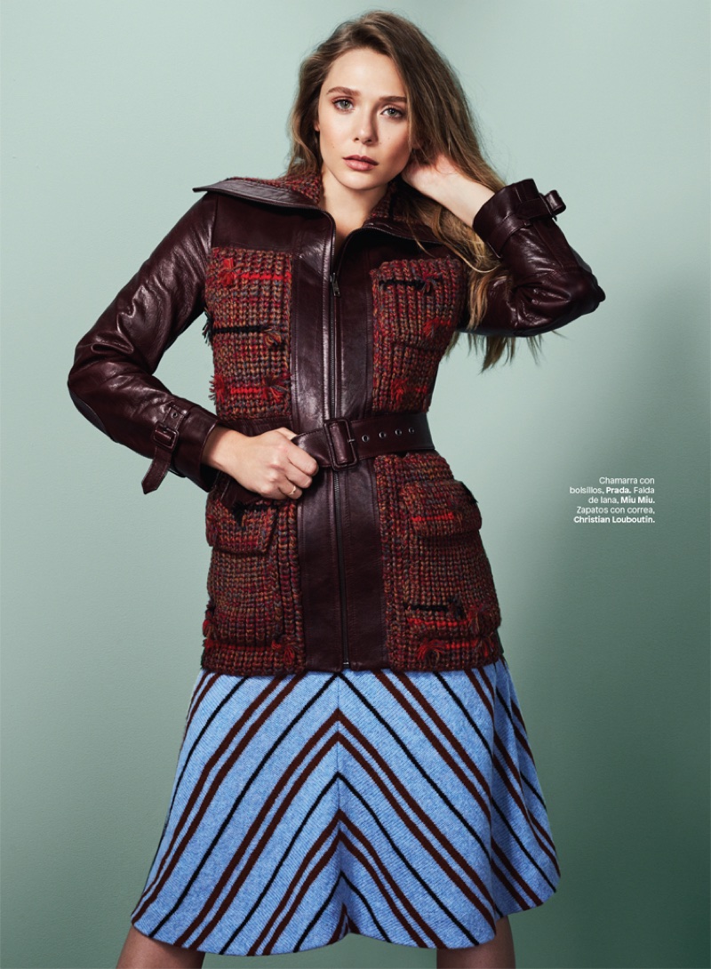 Elizabeth Olsen poses in Prada jacket and Miu Miu skirt