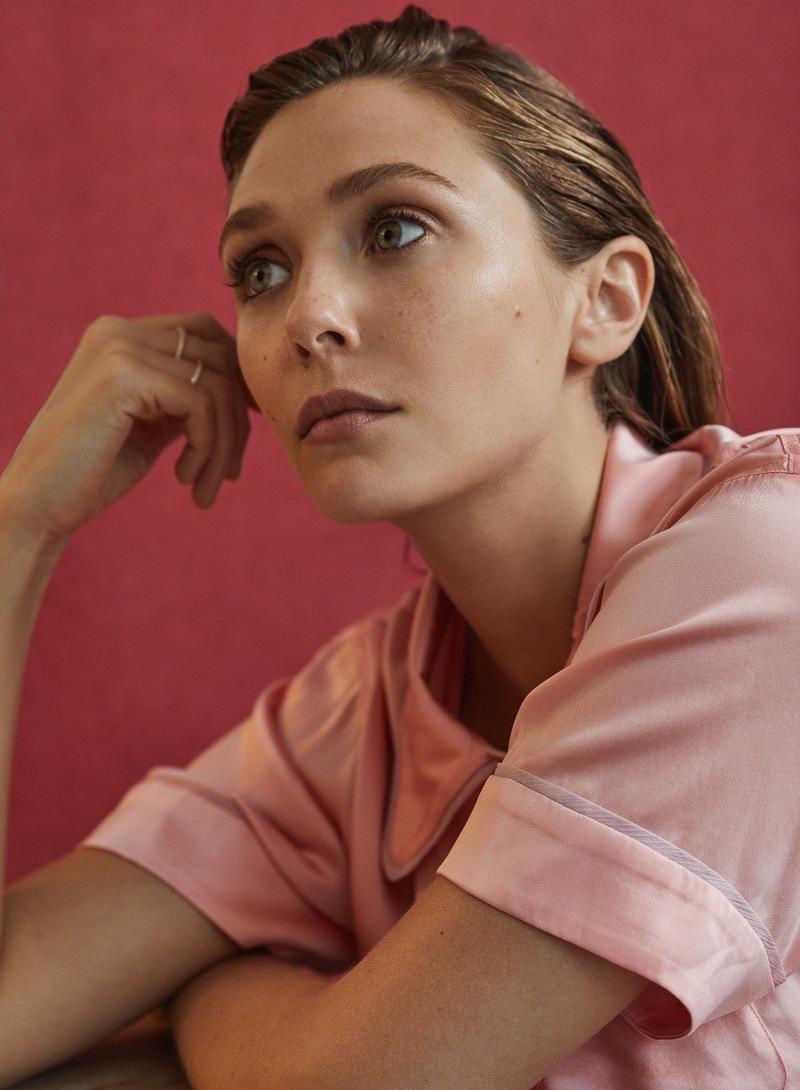 Getting her closeup, Elizabeth Olsen poses in Araks pajama top and Messika rings