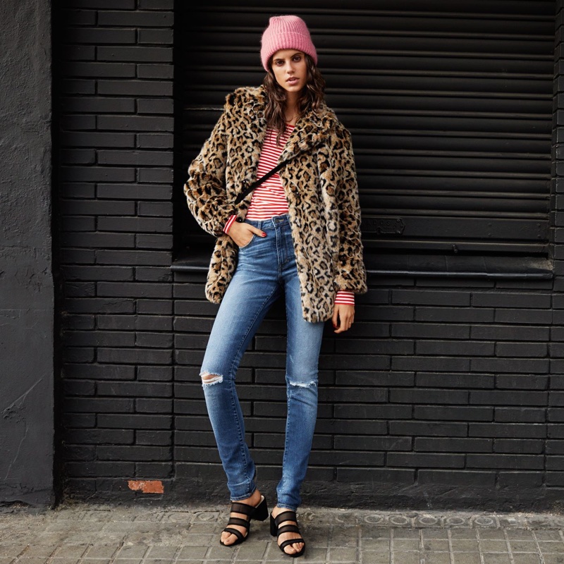 H&M Faux Fur Jacket, Long-Sleeved Jersey Top, Skinny High Waist Jeans, Mohair-Blend Beanie and Suede Shoulder Bag