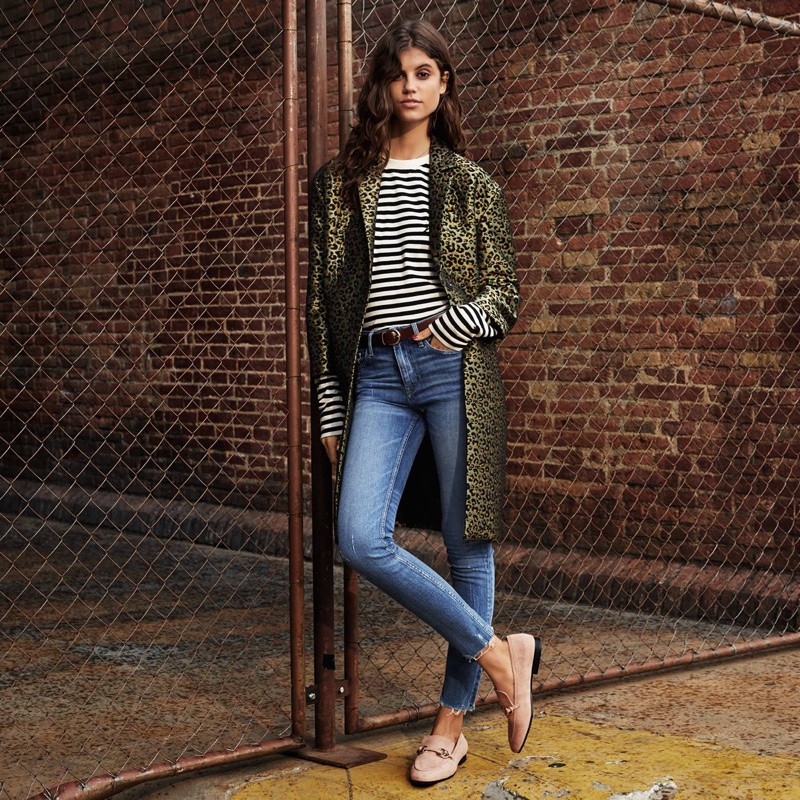 H&M Jacquard-Weave Coat, Long-Sleeved Top, Skinny Regular Ankle Jeans and Loafers