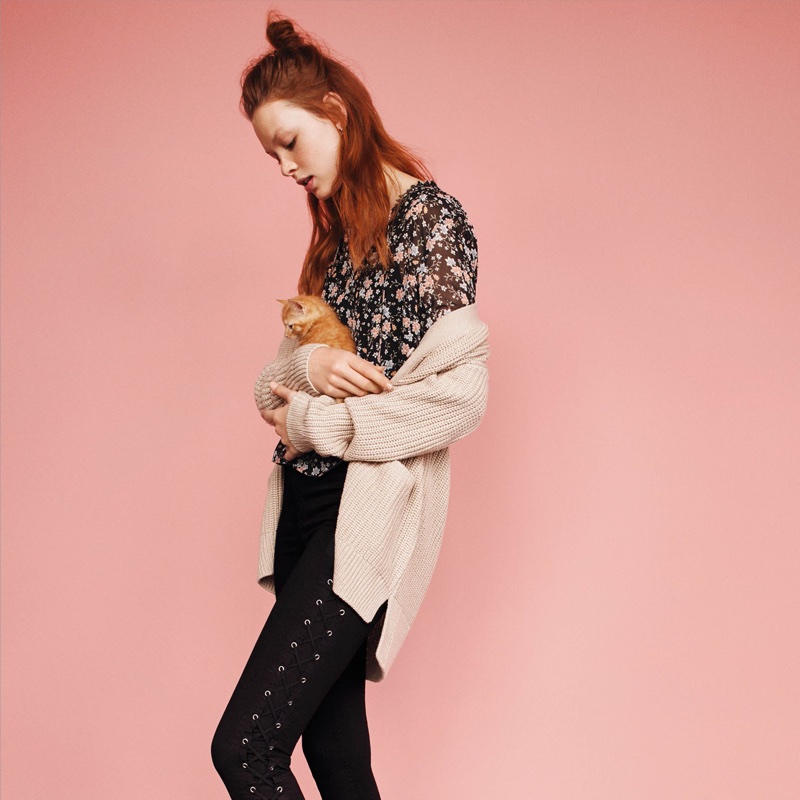 H&M Chiffon Blouse, Rib-Knit Cardigan and Twill Pants with Lacing