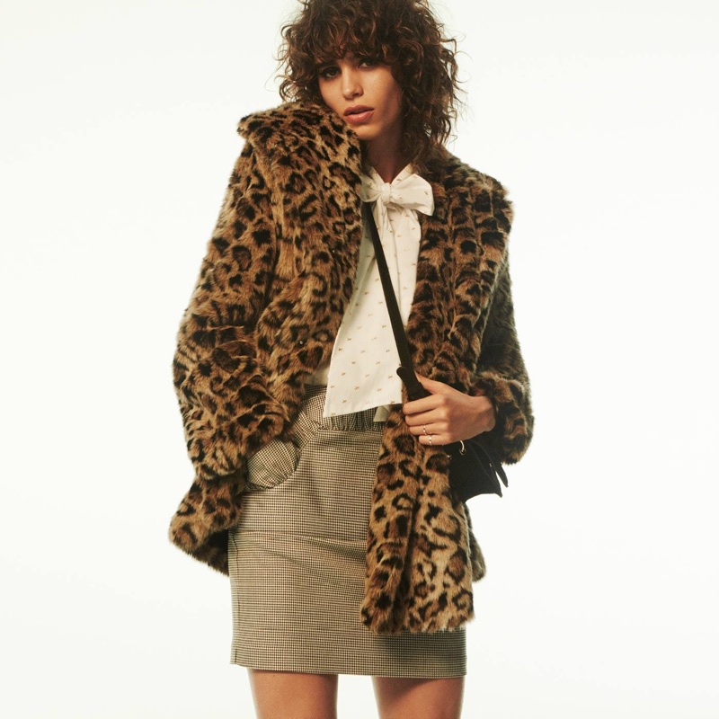 H&M Faux Fur Coat, Blouse with Tie, Short Skirt and Suede Shoulder Bag