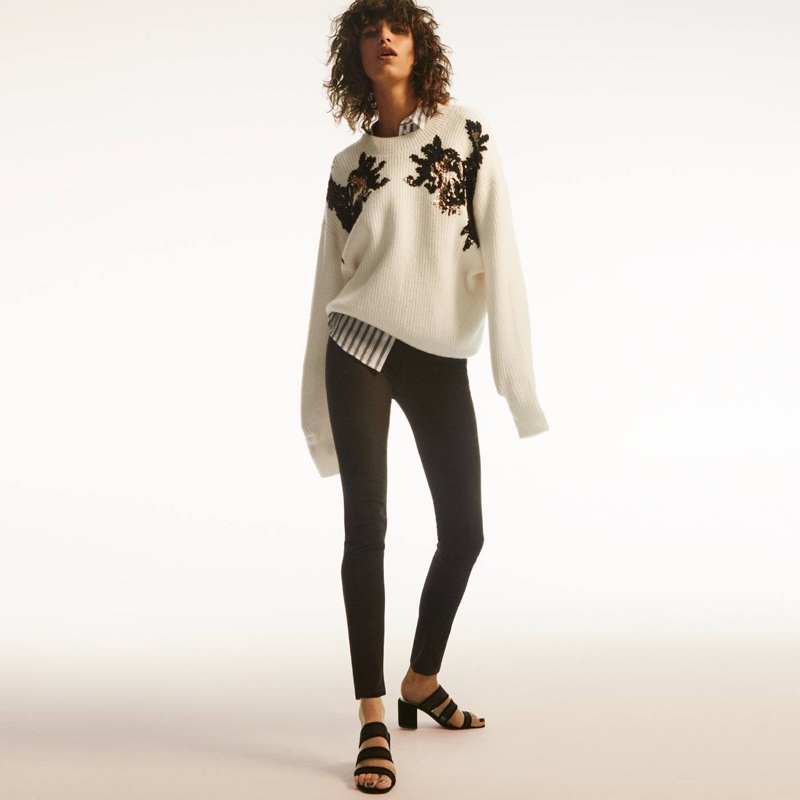 H&M Sequined Sweater, Cotton Shirt and Slim-Fit Pants with High Waist