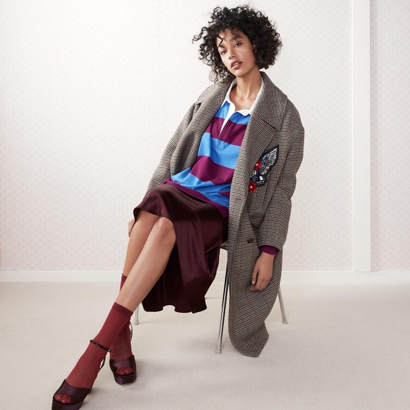 H&M Wool-Blend Coat, Striped Rugby Shirt, Calf-Length Satin Skirt and Satin Platform Sandals