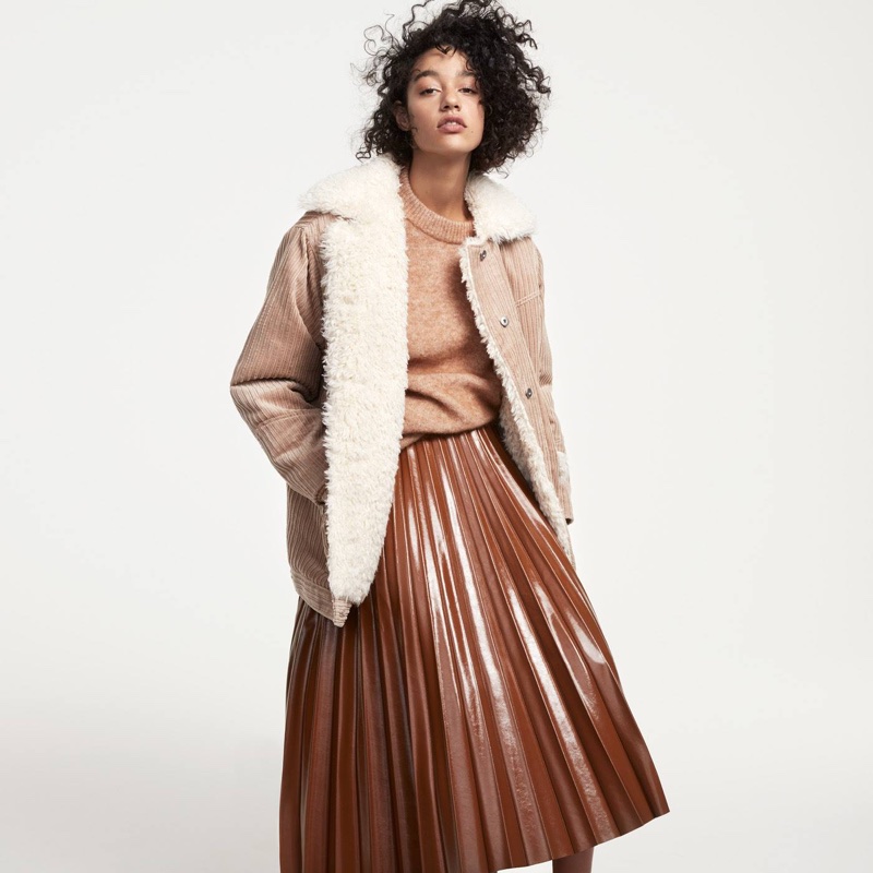 H&M Pile-Lined Corduroy Jacket, Knit Sweater and Pleated Skirt