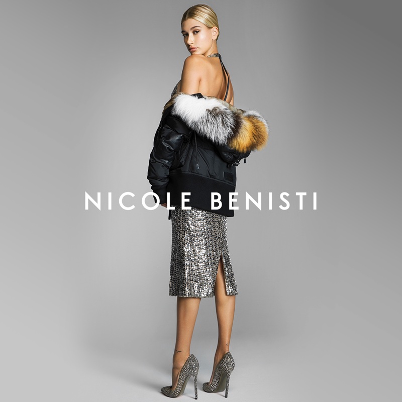 Hailey Baldwin wears a silver dress in Nicole Benisti's fall-winter 2017 campaign
