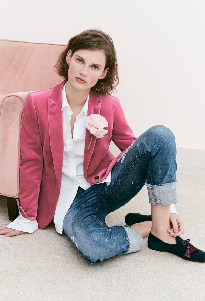 J. Crew Parke Blazer in Velvet, Thomas Mason for J. Crew Boy Shirt, Point Sur Relaxed Shoreditch Straight Jean and Suede Smoking Slippers