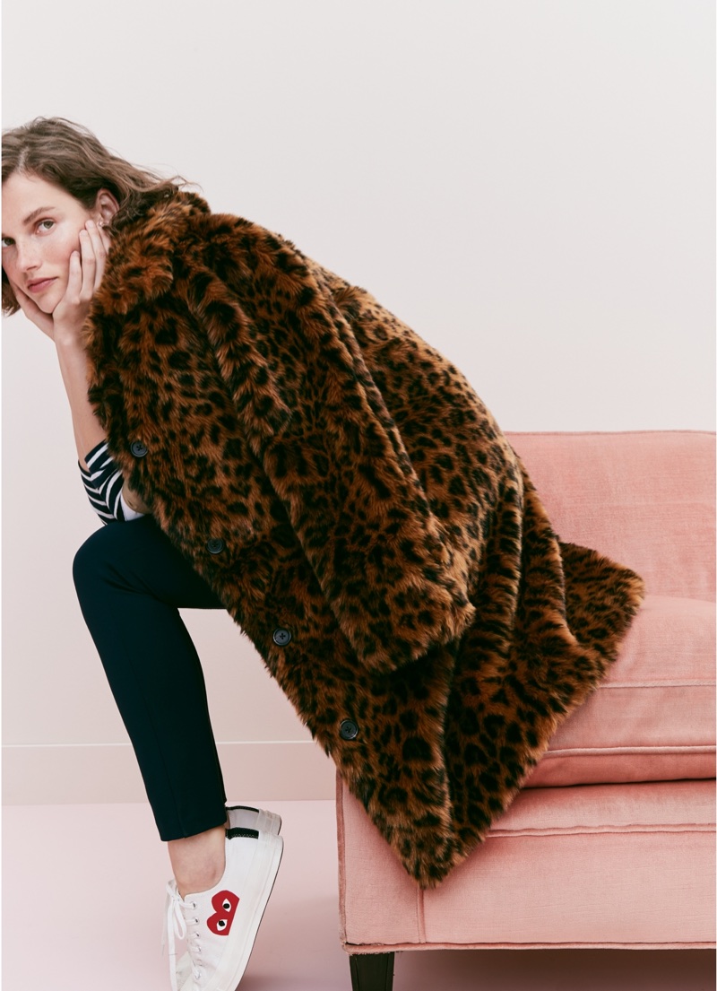 J. Crew Faux-Fur Leopard Coat, Striped Boatneck T-Shirt, Any Day Pant in Stretch Ponté and Comme des Garçons® Low-Top Sneakers