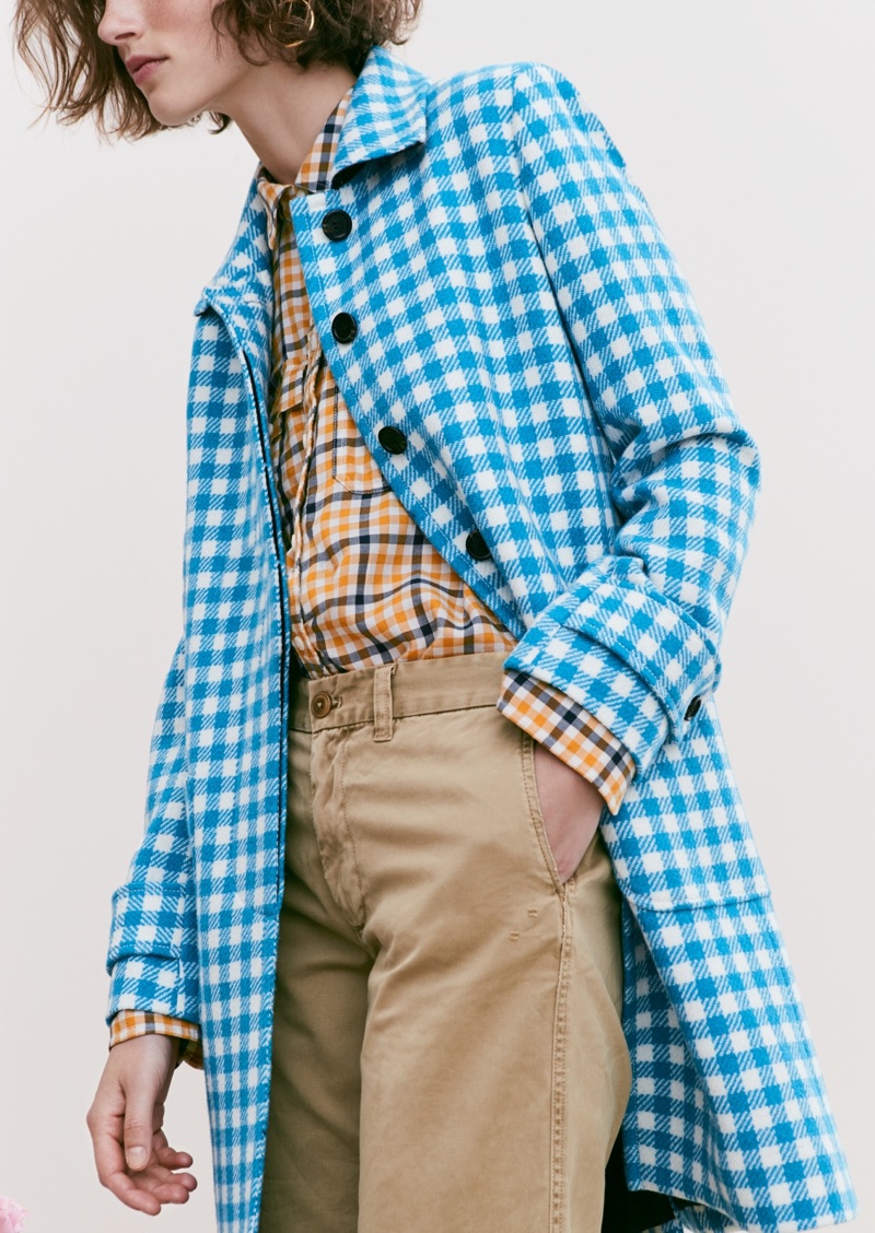 J. Crew Gingham Car Coat, Boyfriend Shirt in Topaz Plaid, Boyfriend Chino Pant and Gold Circle Earrings