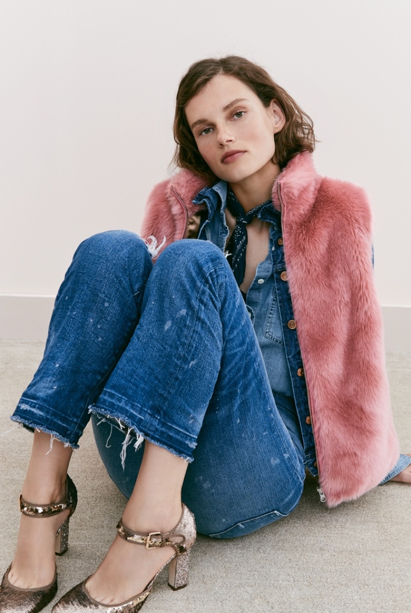 J. Crew Faux-Fur Vest, Everyday Chambray Shirt, Denim Jacket in Newton Wash, Point Sur Cropped High-Rise Demi-Boot Jean, Wallace & Barnes Bandana and Mary Jane Sequin Pumps