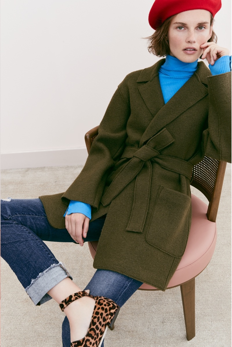 J. Crew Italian Wool Beret, Wrap Coat in Boiled Wool, Ribbed Turtleneck Bodysuit, Slim Boyfriend Jean in Silverwood Wash and Double-Strap Flats in Leopard Calf Hair