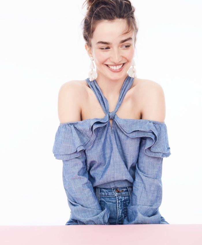 J. Crew Ivory Windbell Earrings, Off-the-Shoulder Tie-Neck Top in Chambray and Vintage Crop Jean in Landers Wash