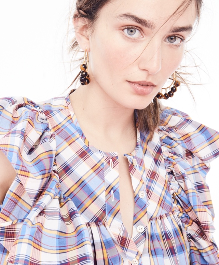 J. Crew Ruffle Top in Vintage Plaid and Beaded Tortoise Hoop Earrings