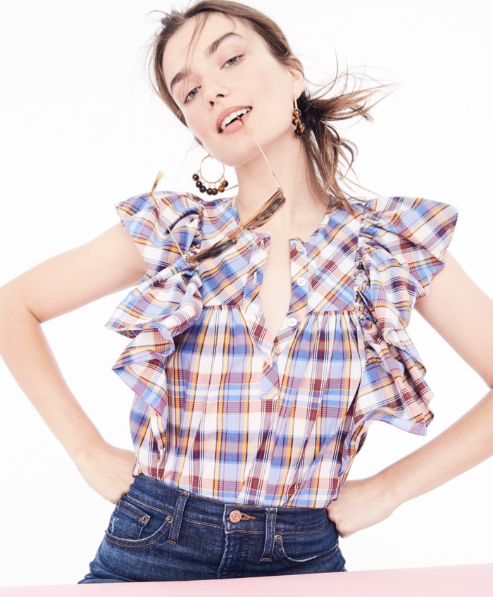 J. Crew Ruffle Top in Vintage Plaid, Beaded Tortoise Hoop Earrings, 9" High-Rise Toothpick Jean in Lassiter Wash and Syd Sunglasses